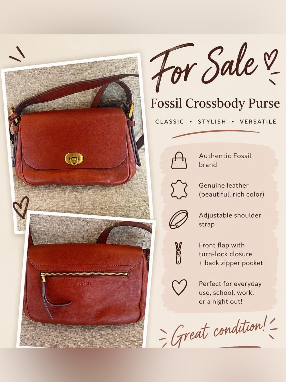 Fossil Leather Crossbody Bag in Warm Chestnut Brown